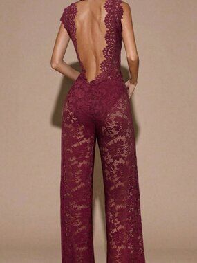 Burgundy Sexy Women's Backless Sheer Lace Jumpsuit